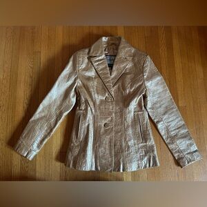 Vtg 90s Pelle Studio Metallic Gold Crocodile Blazer-Style Leather Jacket, XS